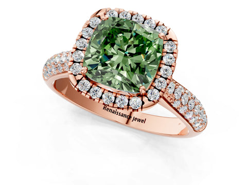 Rose gold Fancy Green Cushion Cut Halo Diamond Ring with Pavé Band_1