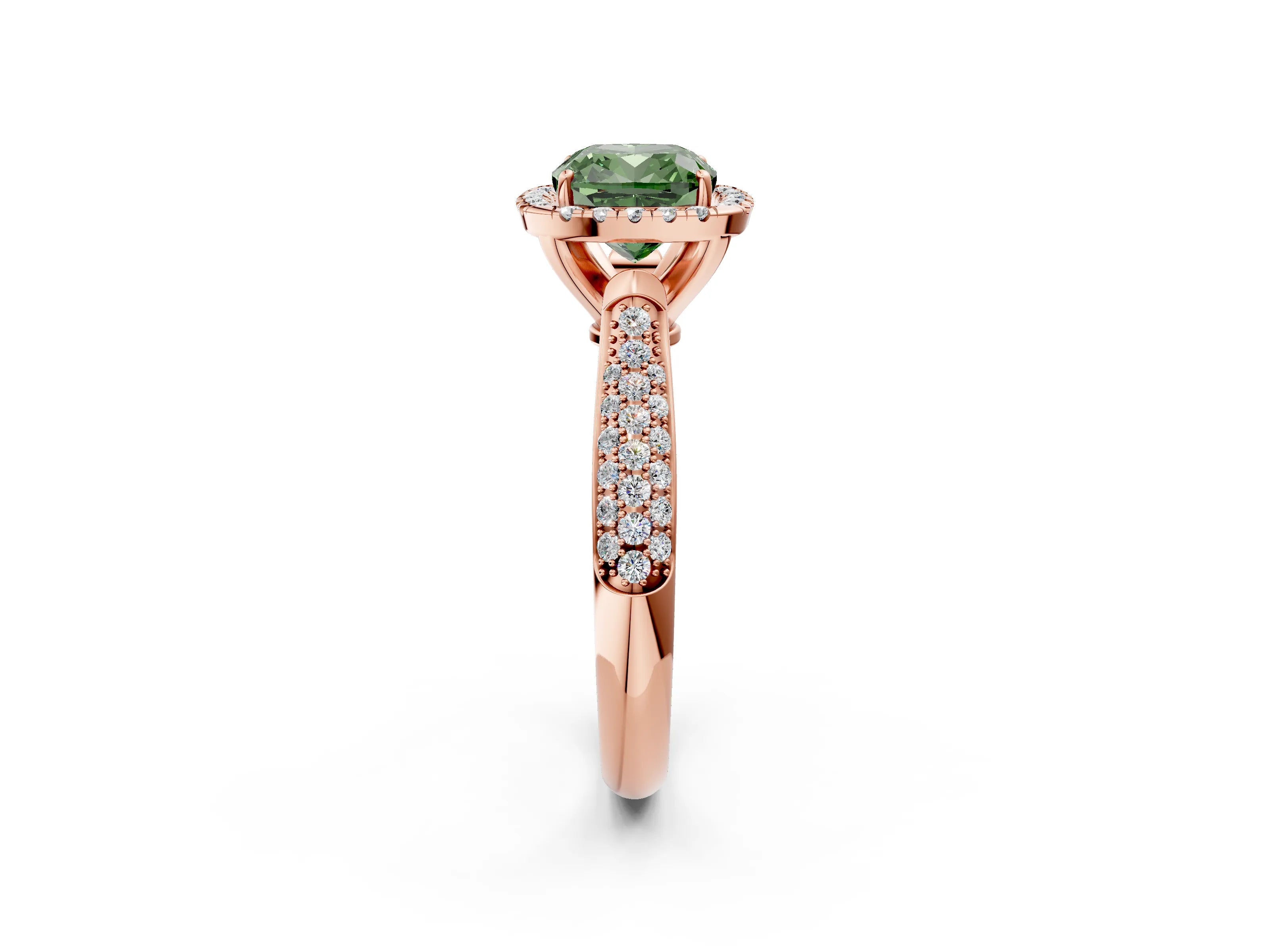 Rose gold Fancy Green Cushion Cut Halo Diamond Ring with Pavé Band_2