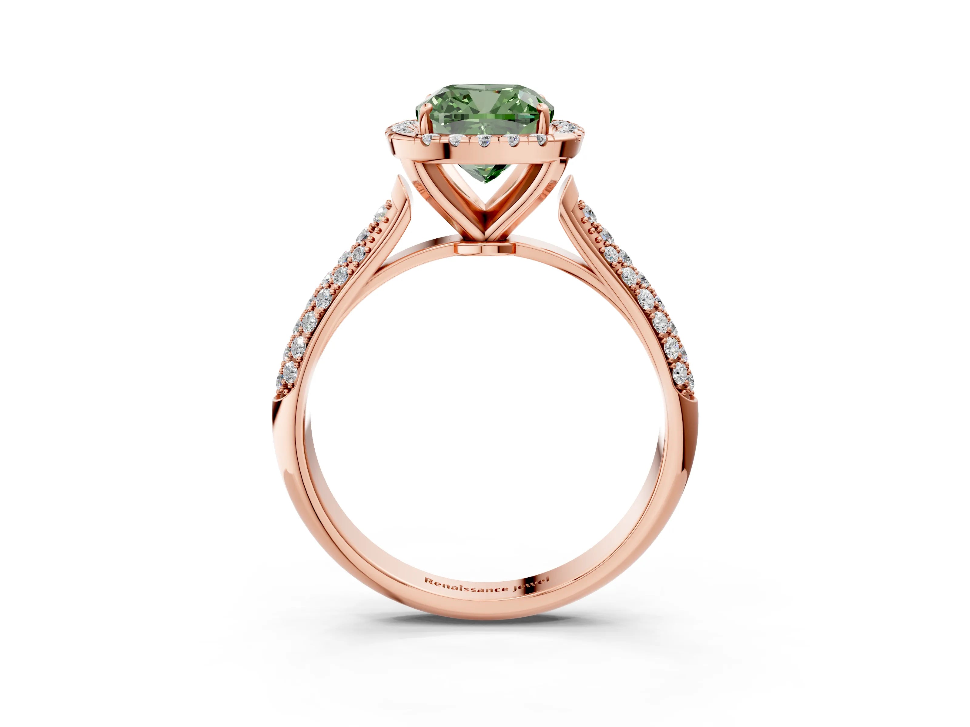 Rose gold Fancy Green Cushion Cut Halo Diamond Ring with Pavé Band_3