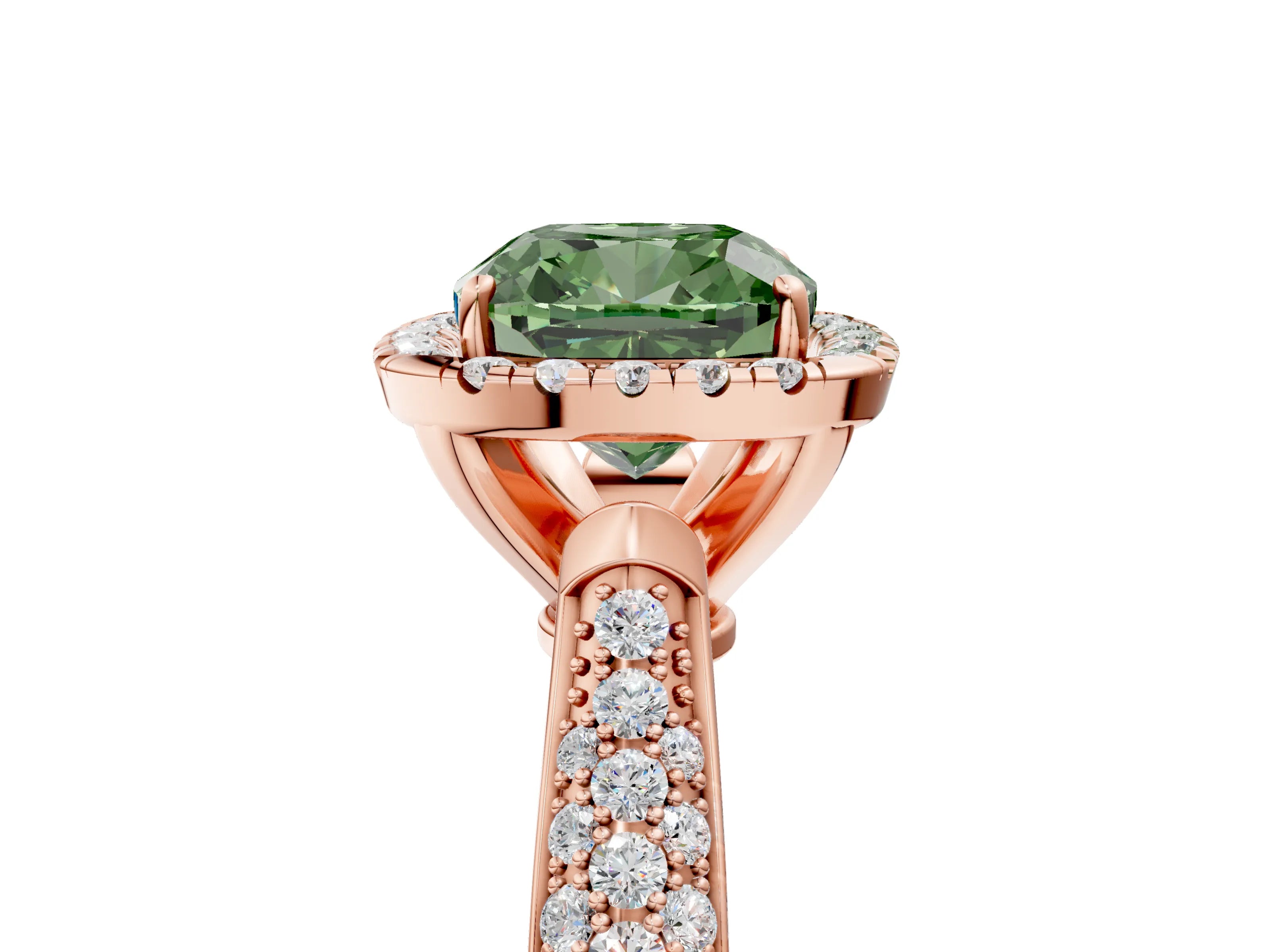 Rose gold Fancy Green Cushion Cut Halo Diamond Ring with Pavé Band_5