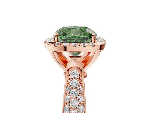 Rose gold Fancy Green Cushion Cut Halo Diamond Ring with Pavé Band_5