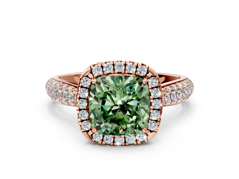 Rose gold Fancy Green Cushion Cut Halo Diamond Ring with Pavé Band