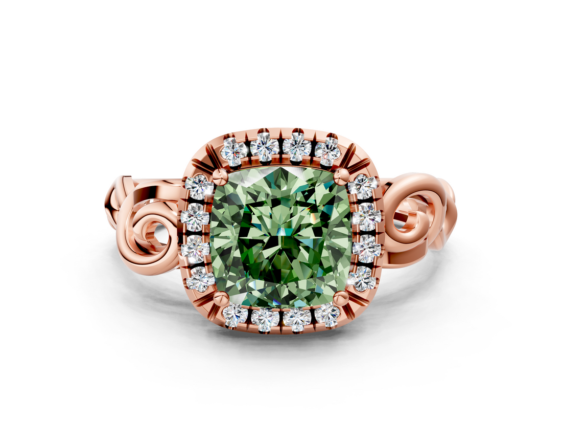 Rose gold Fancy Green Cushion  Cut Halo Diamond Ring with Scrollwork Band and Four-Prong Setting_102