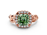 Rose gold Fancy Green Cushion  Cut Halo Diamond Ring with Scrollwork Band and Four-Prong Setting_102