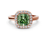 Rose gold Fancy Green Cushion Cut Halo Diamond Ring with Solitaire Band and Prong Setting