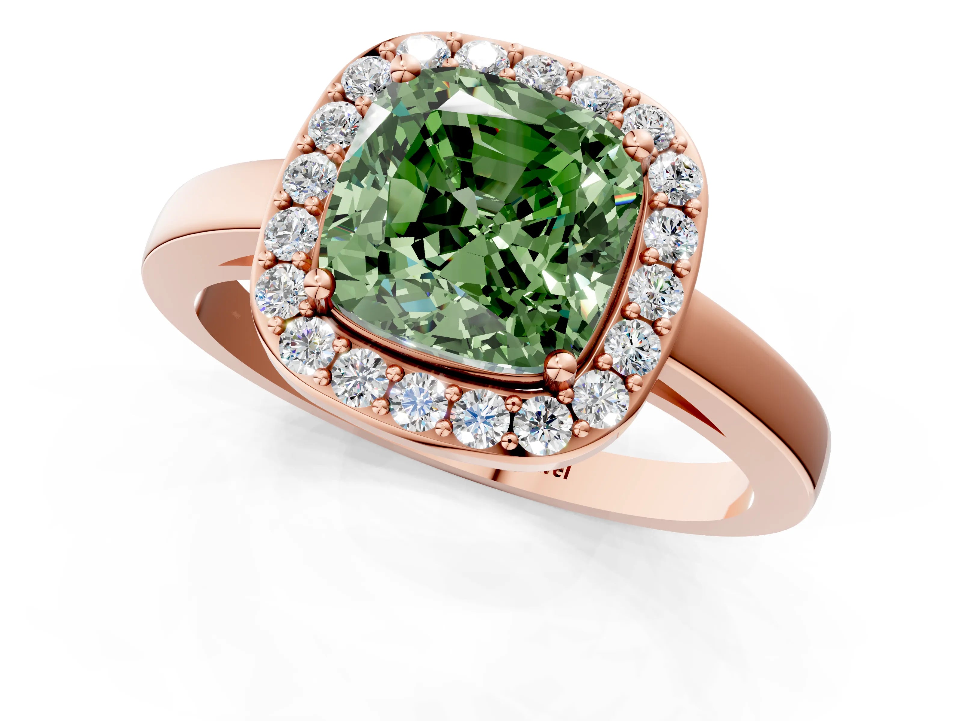 Rose gold Fancy Green Cushion Cut Halo Diamond Ring with Solitaire Band and Prong Setting_1