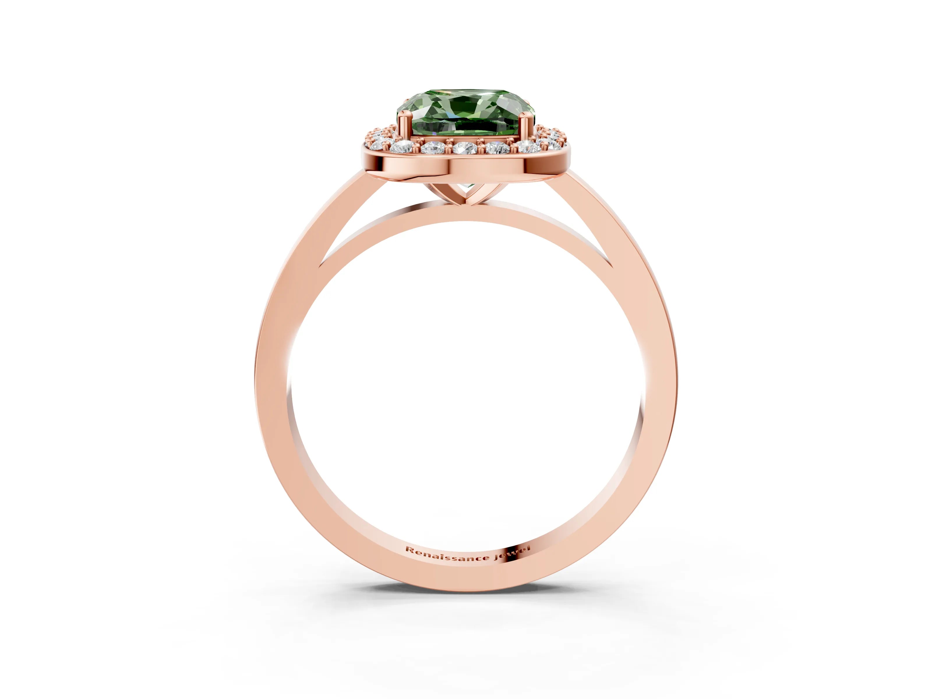 Rose gold Fancy Green Cushion Cut Halo Diamond Ring with Solitaire Band and Prong Setting_3