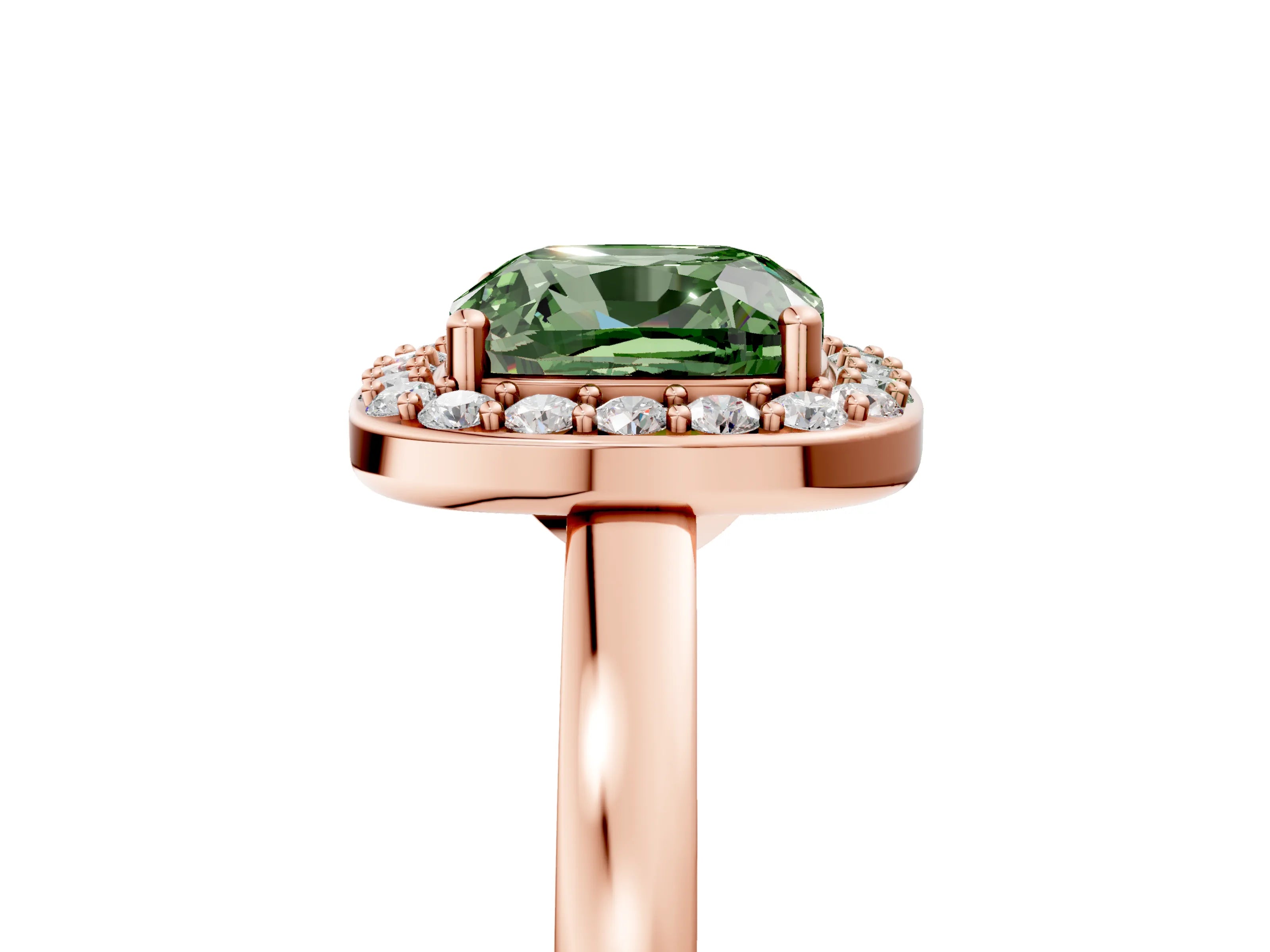Rose gold Fancy Green Cushion Cut Halo Diamond Ring with Solitaire Band and Prong Setting_5