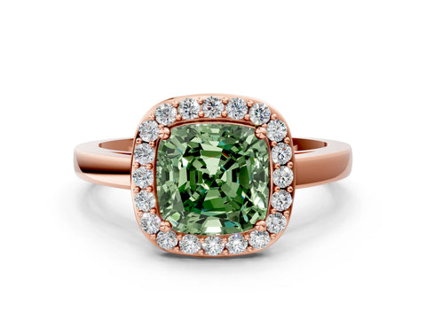 Rose gold Fancy Green Cushion Cut Halo Diamond Ring with Solitaire Band and Prong Setting