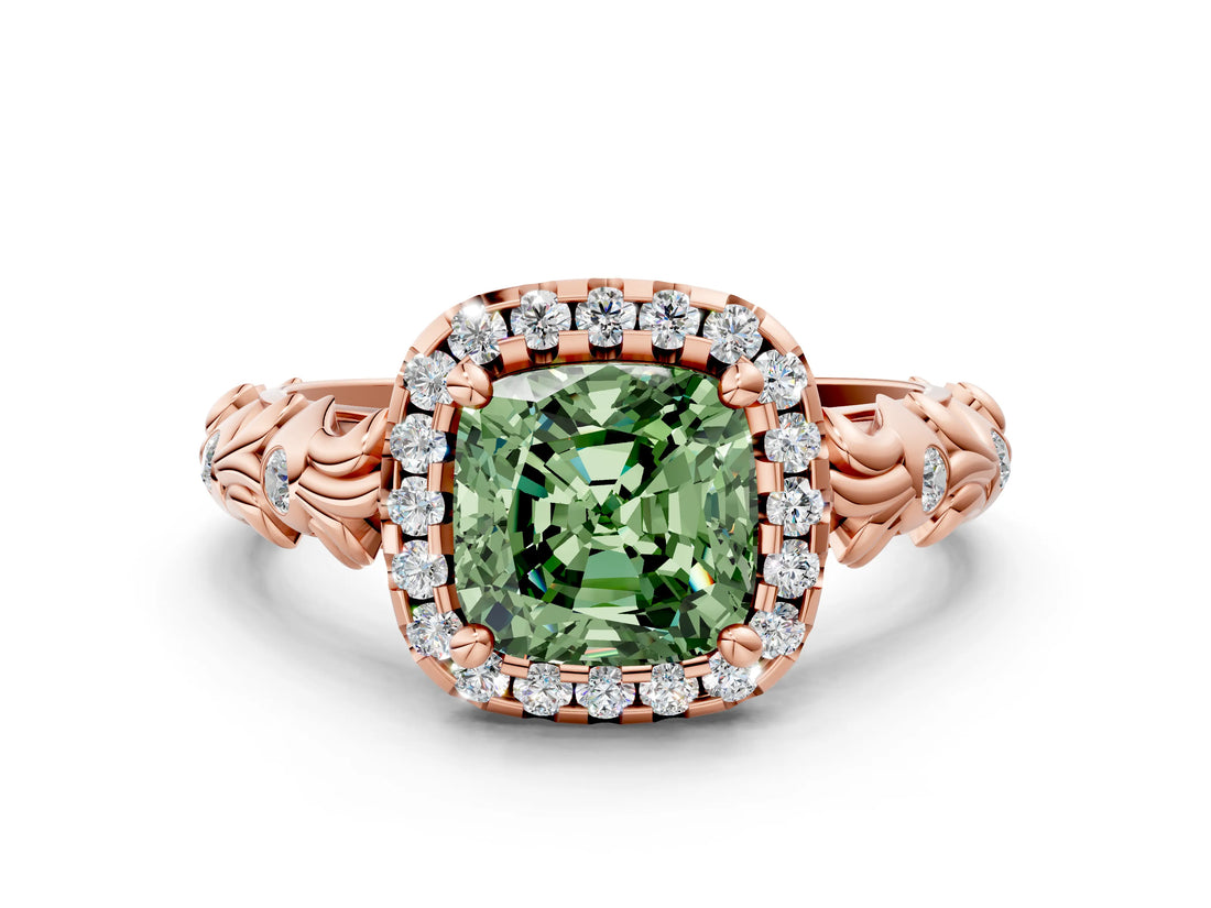 Rose gold Fancy Green Cushion Cut Halo Diamond Solitaire with Filigree Band and Four-Prong Setting