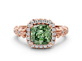 Rose gold Fancy Green Cushion Cut Halo Diamond Solitaire with Filigree Band and Four-Prong Setting