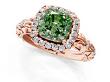 Rose gold Fancy Green Cushion Cut Halo Diamond Solitaire with Filigree Band and Four-Prong Setting_1