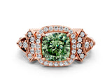 Rose gold Fancy Green Cushion Cut Halo Diamond Split Shank Engagement Ring with Four-Prong Setting