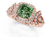 Rose gold Fancy Green Cushion Cut Halo Diamond Split Shank Engagement Ring with Four-Prong Setting_1