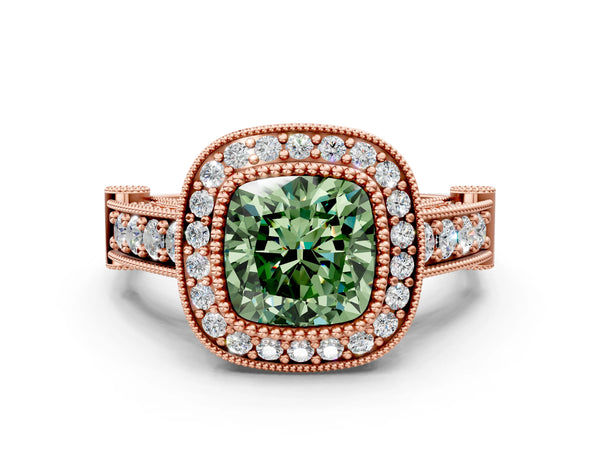 Rose Gold Cushion Cut Vintage Bezel Halo Engagement Ring Setting for Fancy Green Center