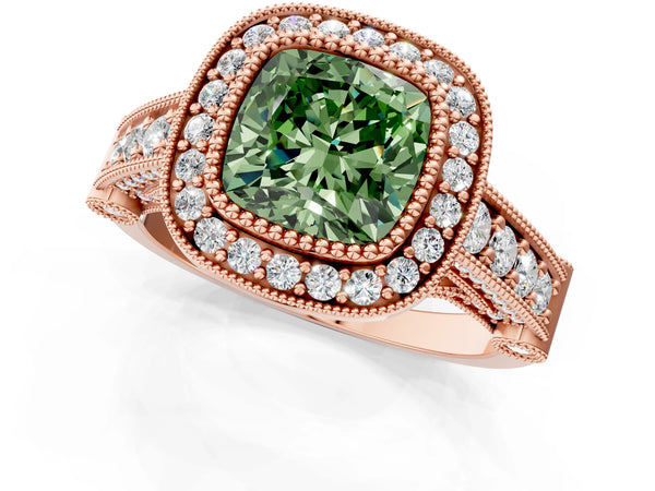 Rose Gold Cushion Cut Vintage Bezel Halo Engagement Ring Setting for Fancy Green Center