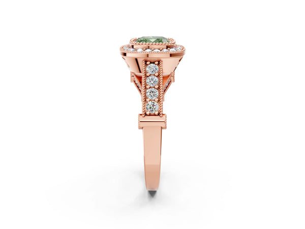 Rose Gold Cushion Cut Vintage Bezel Halo Engagement Ring Setting for Fancy Green Center
