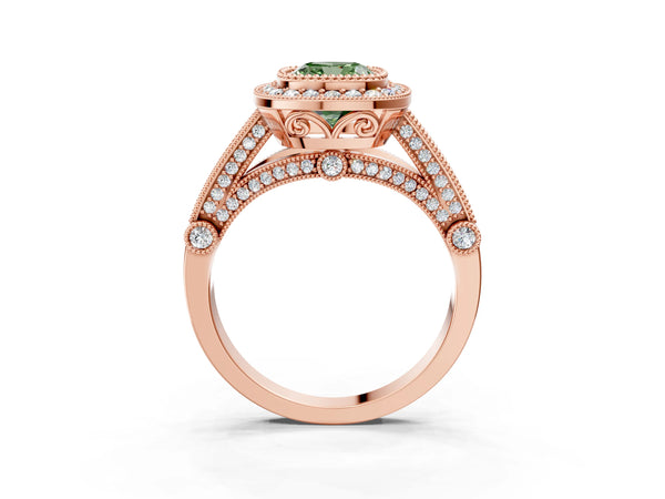 Rose Gold Cushion Cut Vintage Bezel Halo Engagement Ring Setting for Fancy Green Center