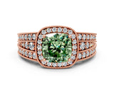 Rose gold Fancy Green Cushion Cut Halo Diamond Split Shank Ring with Prong Setting