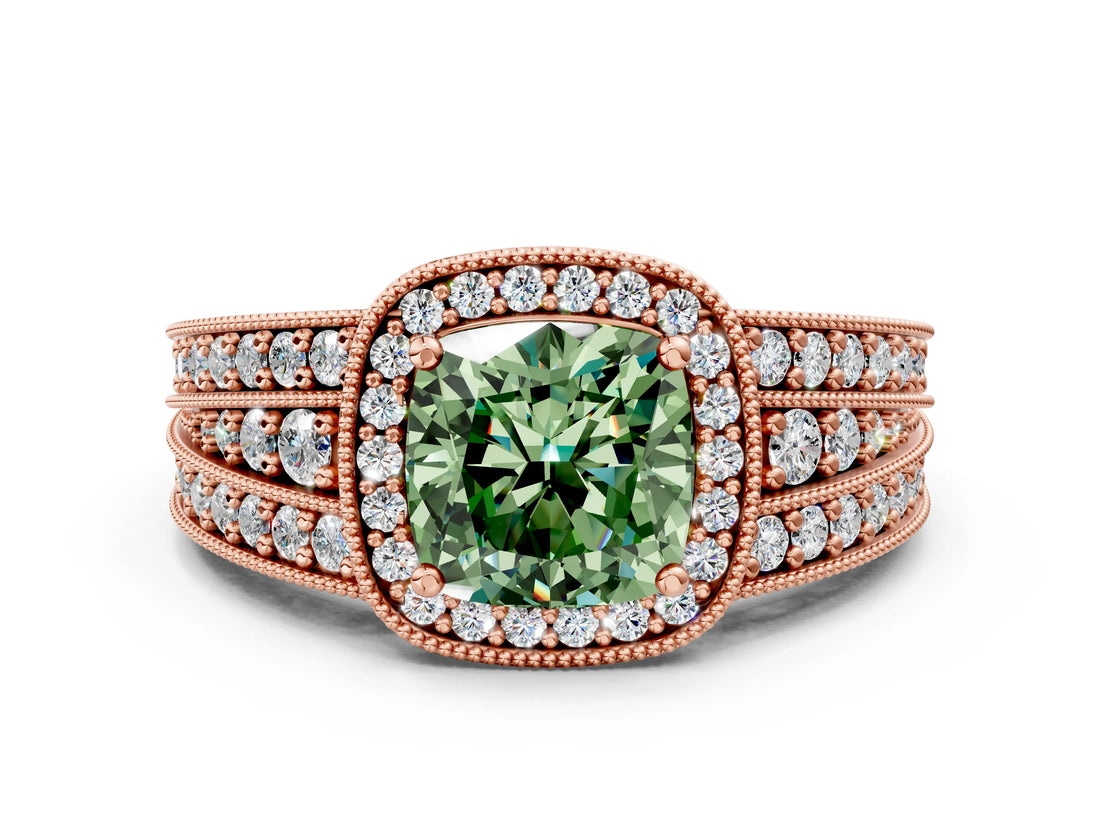 Rose gold Fancy Green Cushion Cut Halo Diamond Split Shank Ring with Prong Setting_6