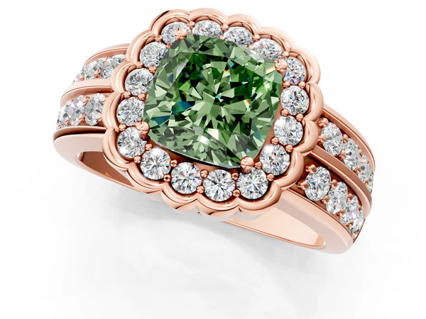 Rose gold Fancy Green Cushion Cut Halo Diamond Split Shank Ring with Scalloped Prong Setting