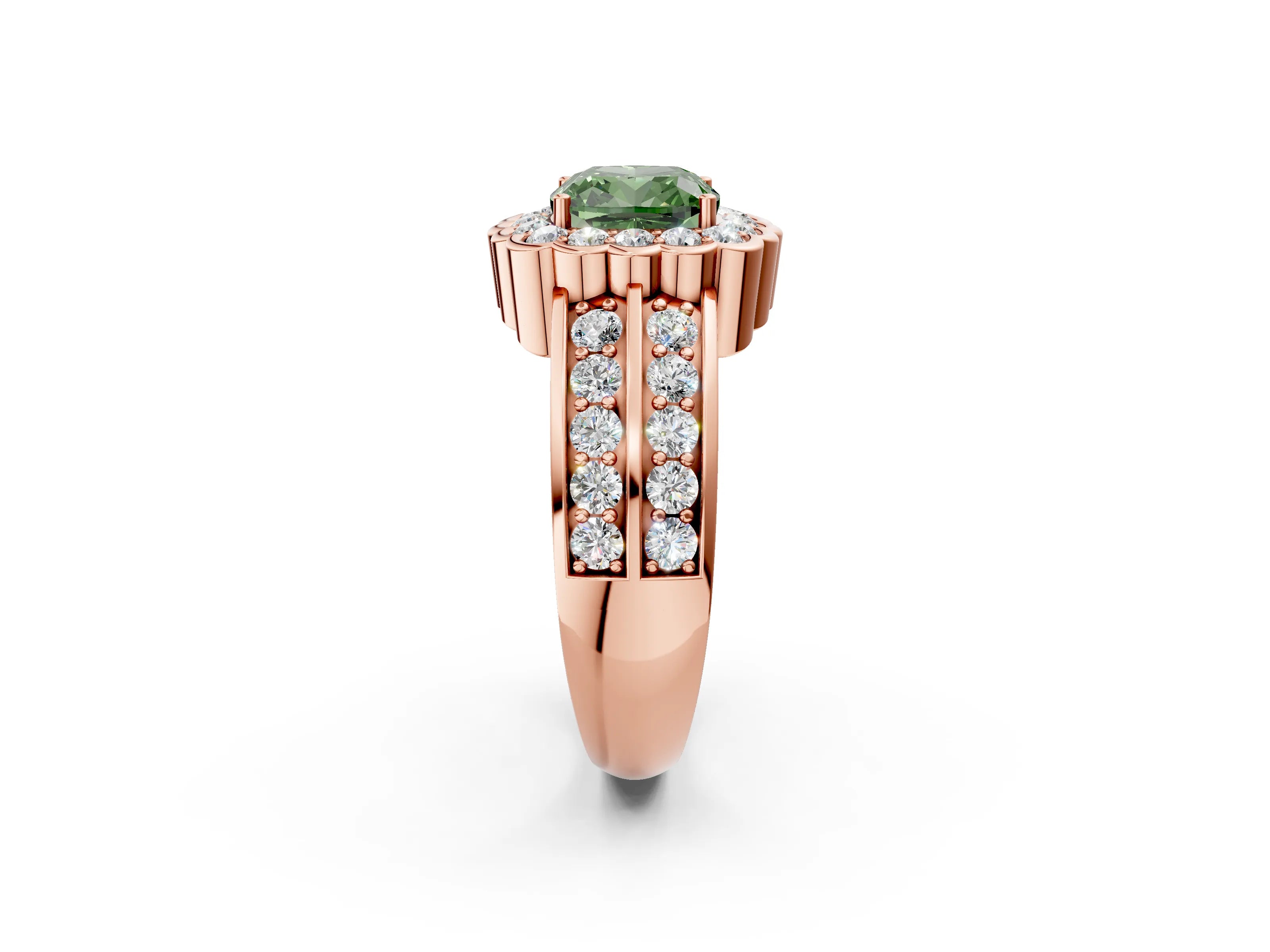 Rose gold Fancy Green Cushion Cut Halo Diamond Split Shank Ring with Scalloped Prong Setting_2