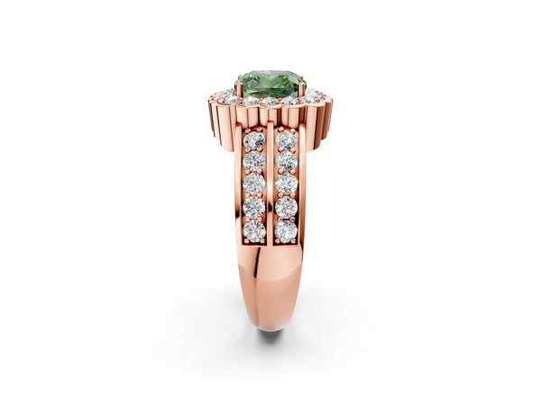 Rose gold Fancy Green Cushion Cut Halo Diamond Split Shank Ring with Scalloped Prong Setting