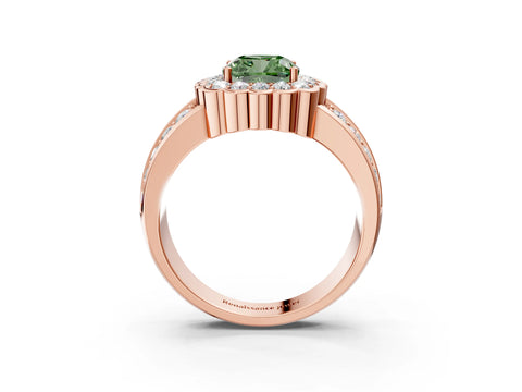 Rose gold Fancy Green Cushion Cut Halo Diamond Split Shank Ring with Scalloped Prong Setting_3