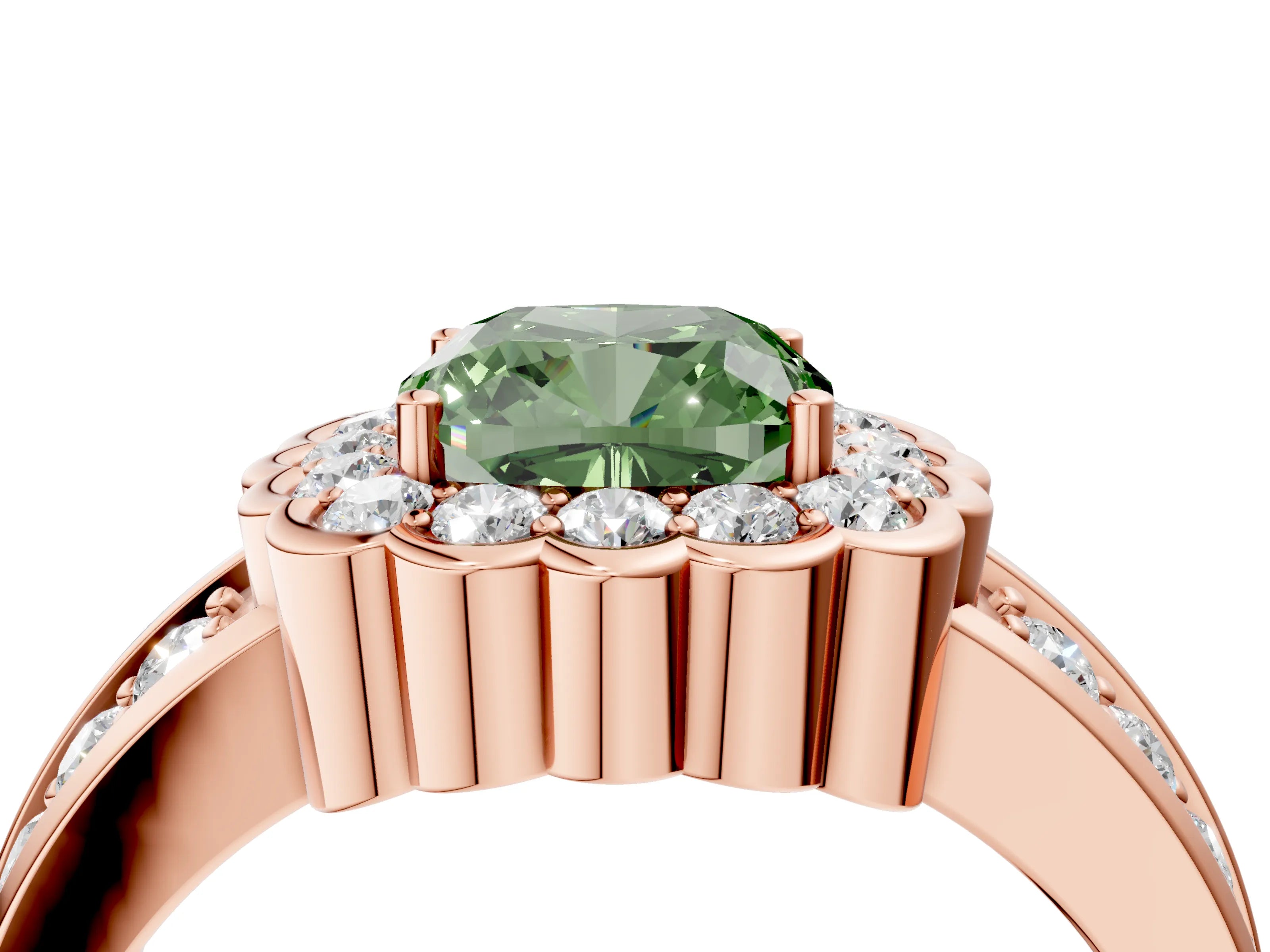 Rose gold Fancy Green Cushion Cut Halo Diamond Split Shank Ring with Scalloped Prong Setting_4