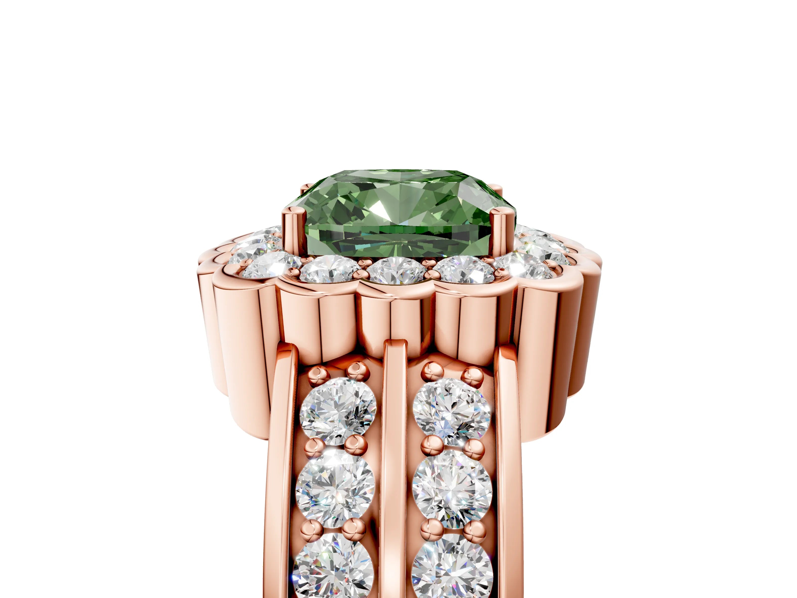 Rose gold Fancy Green Cushion Cut Halo Diamond Split Shank Ring with Scalloped Prong Setting_5