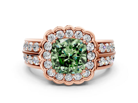 Rose gold Fancy Green Cushion Cut Halo Diamond Split Shank Ring with Scalloped Prong Setting