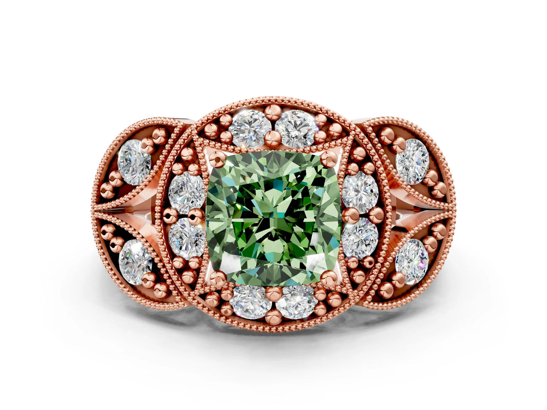 Rose gold Fancy Green Cushion Cut Halo Milgrain Diamond Engagement Ring with Leaf Band and Four-Prong Setting