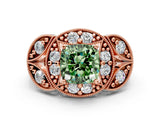 Rose gold Fancy Green Cushion Cut Halo Milgrain Diamond Engagement Ring with Leaf Band and Four-Prong Setting
