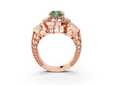 Rose gold Fancy Green Cushion Cut Halo Milgrain Diamond Engagement Ring with Leaf Band and Four-Prong Setting_3