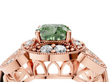 Rose gold Fancy Green Cushion Cut Halo Milgrain Diamond Engagement Ring with Leaf Band and Four-Prong Setting_4