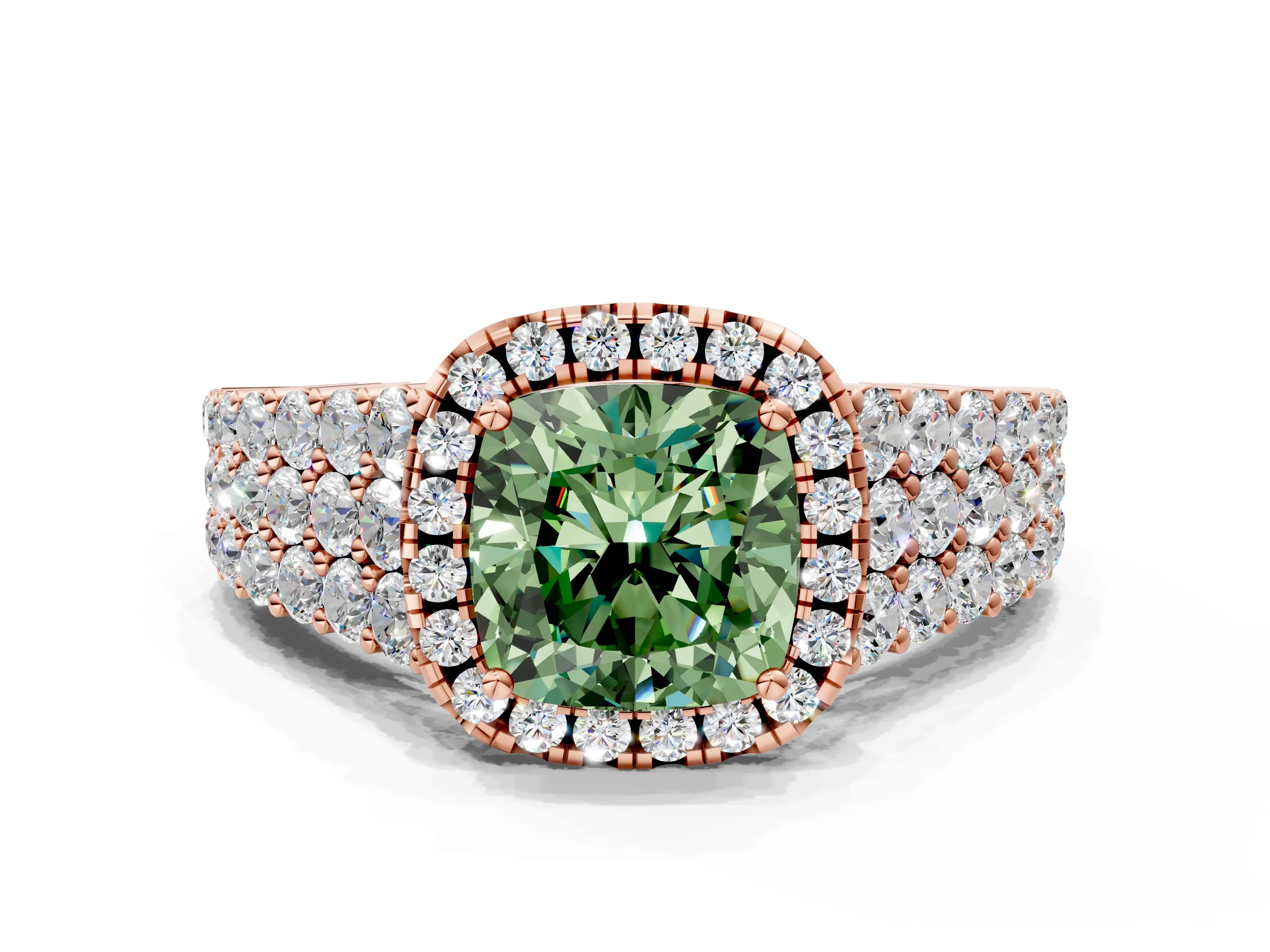Rose gold Fancy Green Cushion Cut Halo Pavé Diamond Engagement Ring with Split Shank and Four-Prong Setting_3