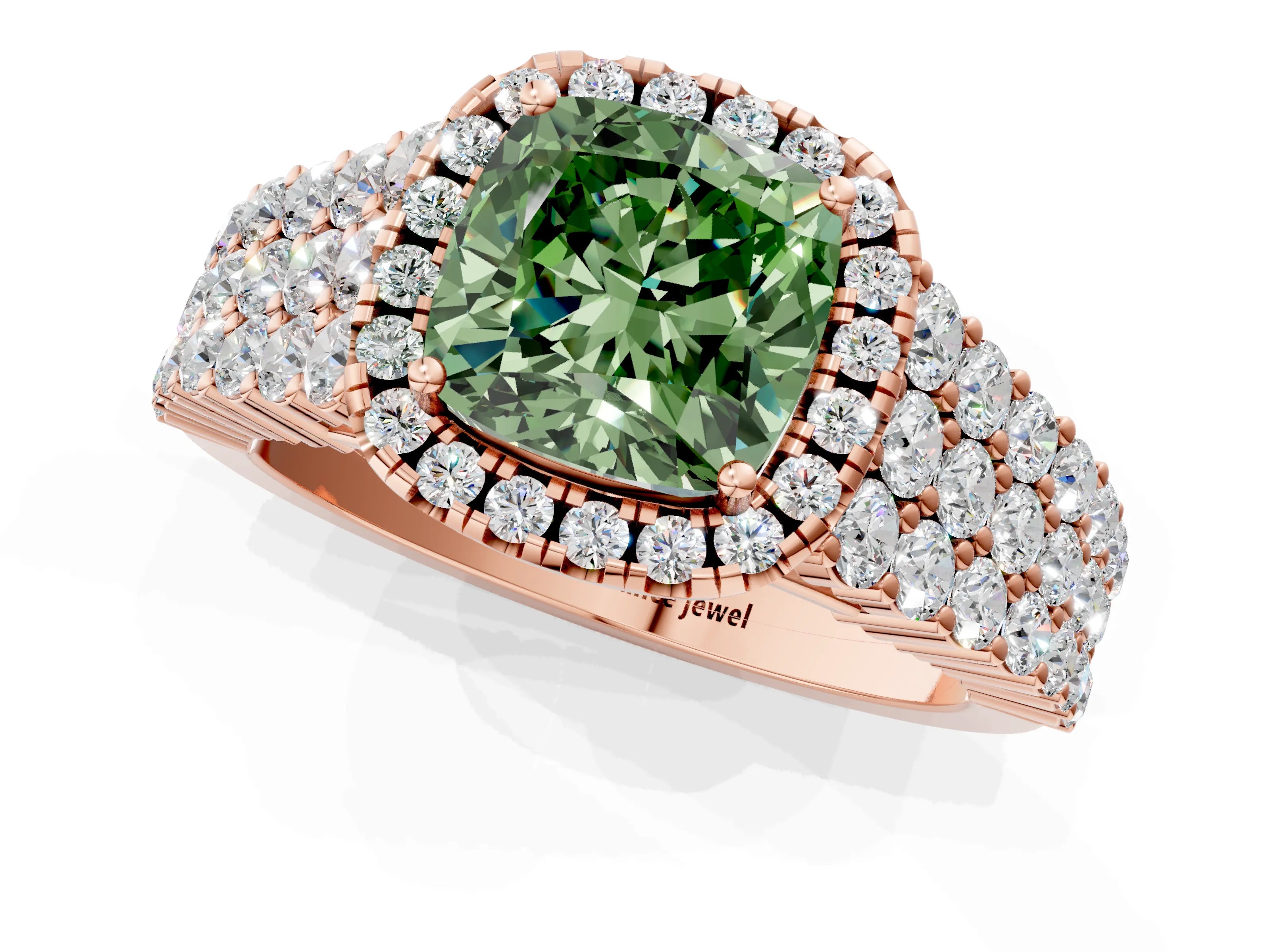 Rose gold Fancy Green Cushion Cut Halo Pavé Diamond Engagement Ring with Split Shank and Four-Prong Setting_4