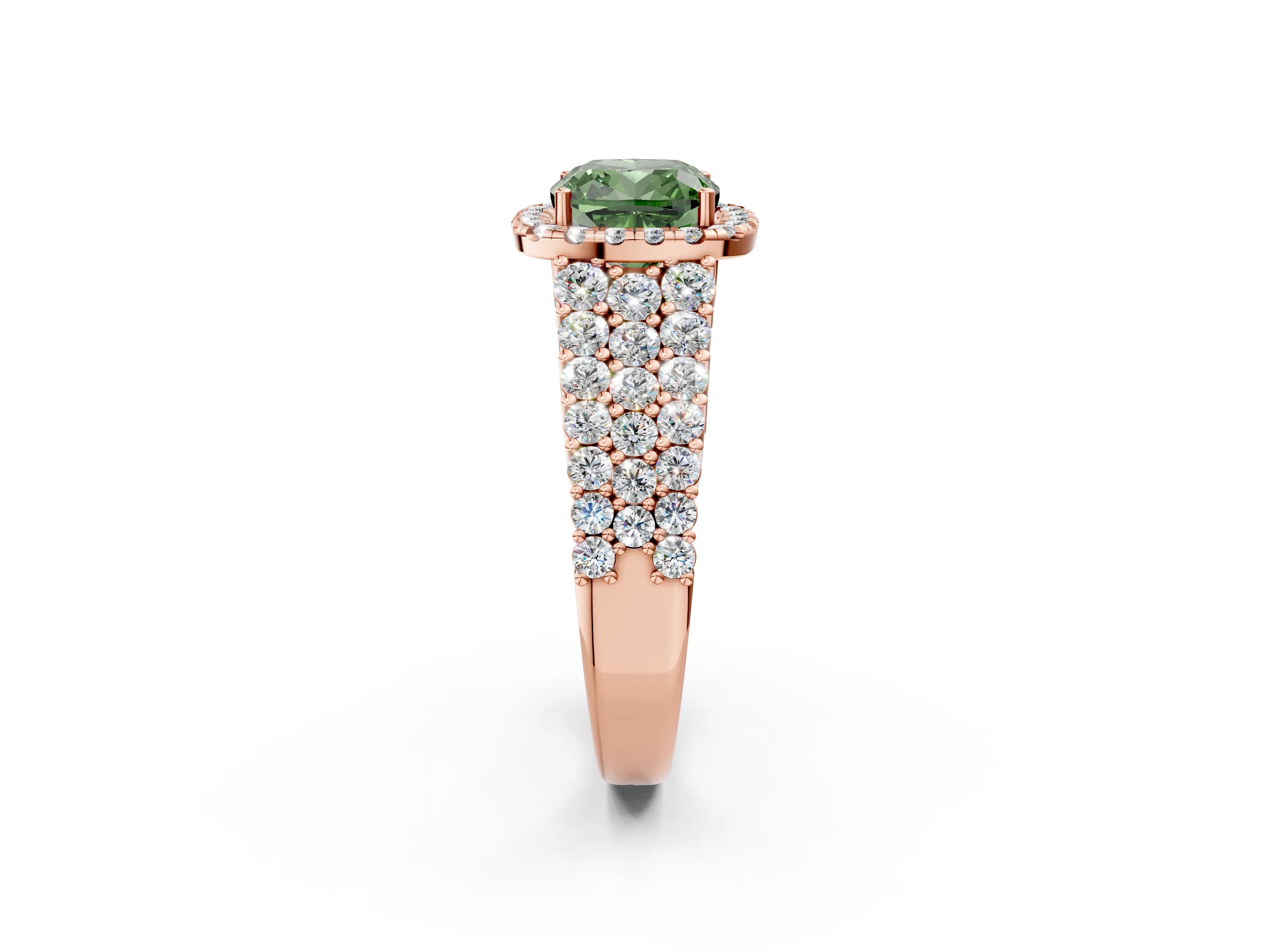 Rose gold Fancy Green Cushion Cut Halo Pavé Diamond Engagement Ring with Split Shank and Four-Prong Setting_5