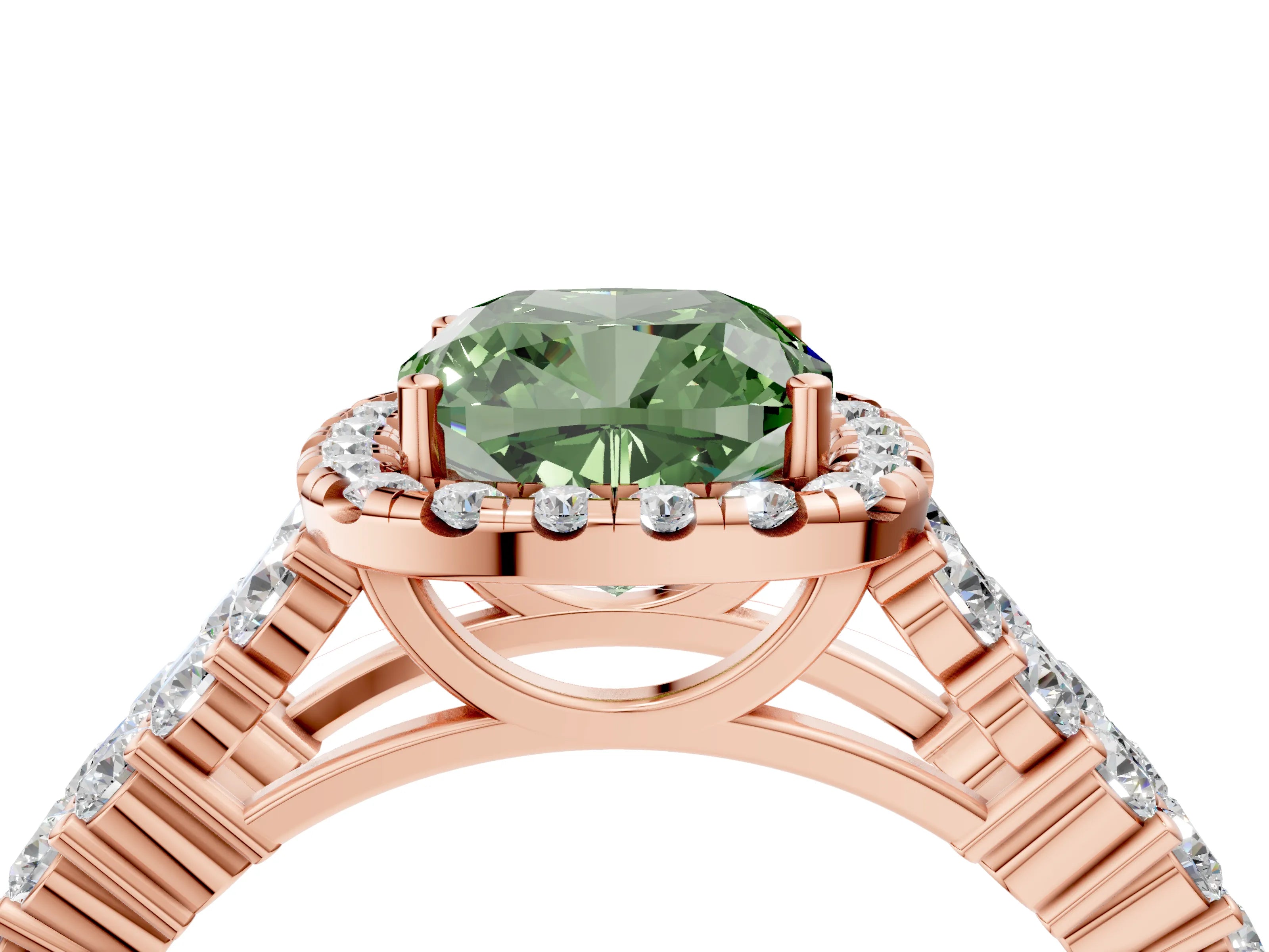 Rose gold Fancy Green Cushion Cut Halo Pavé Diamond Engagement Ring with Split Shank and Four-Prong Setting_7