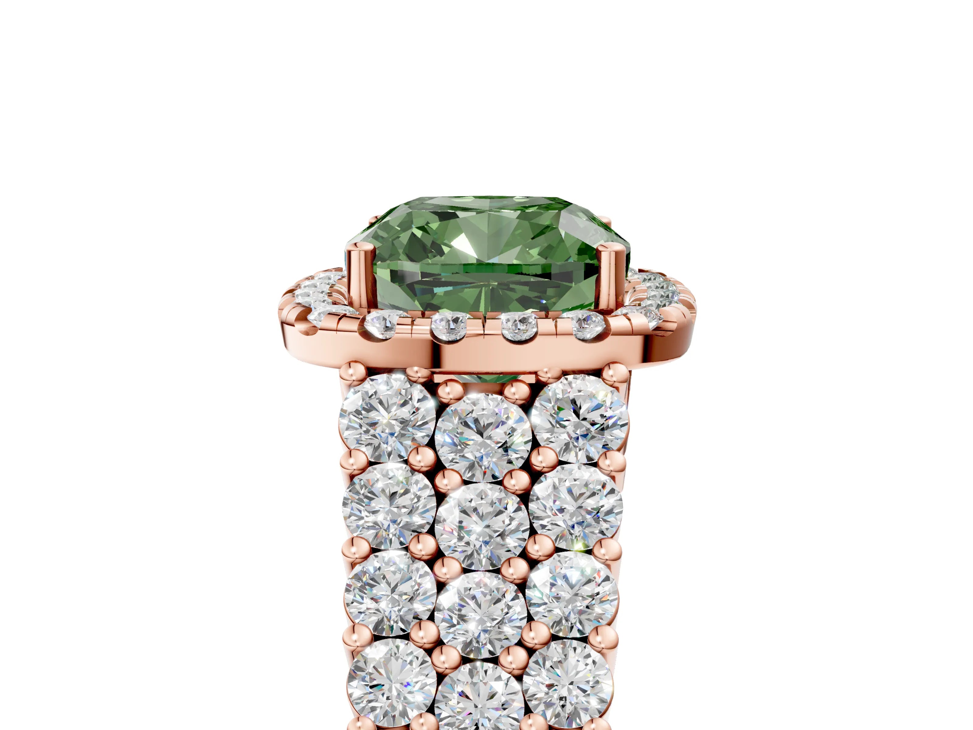 Rose gold Fancy Green Cushion Cut Halo Pavé Diamond Engagement Ring with Split Shank and Four-Prong Setting_8
