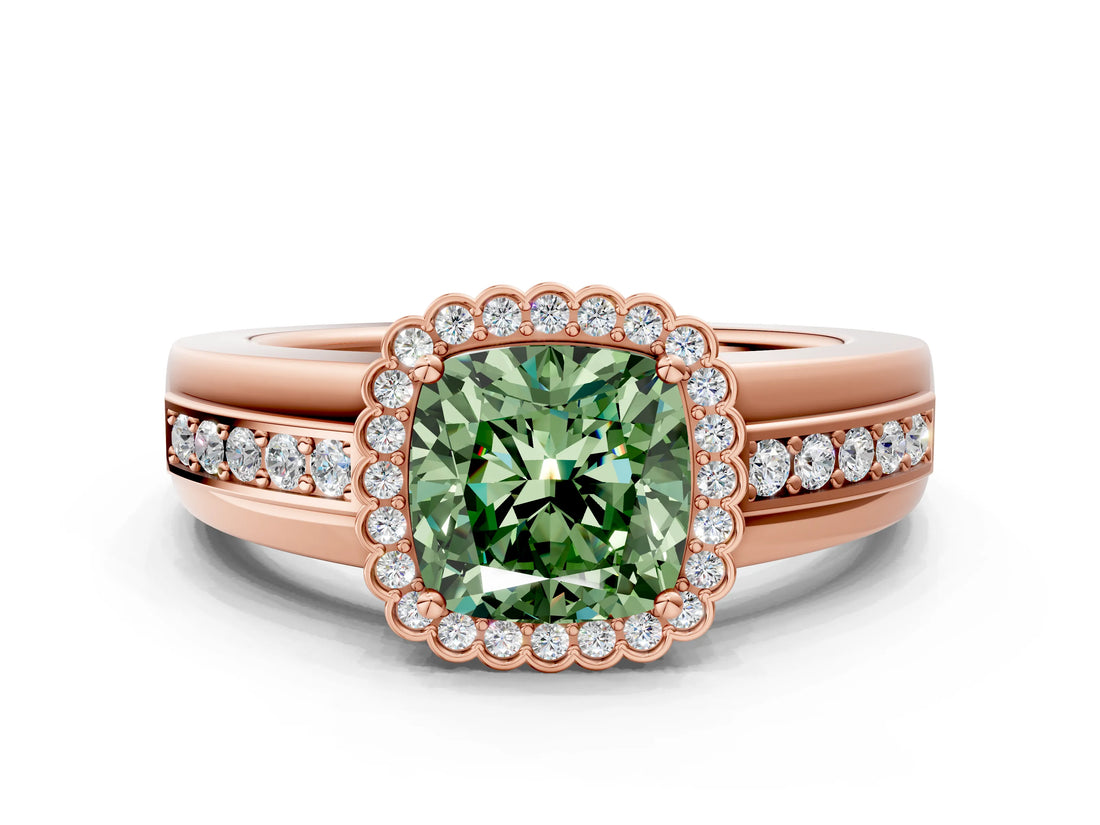 Rose gold Fancy Green Cushion  Cut Halo Pave Band Four-Prong Ring_49