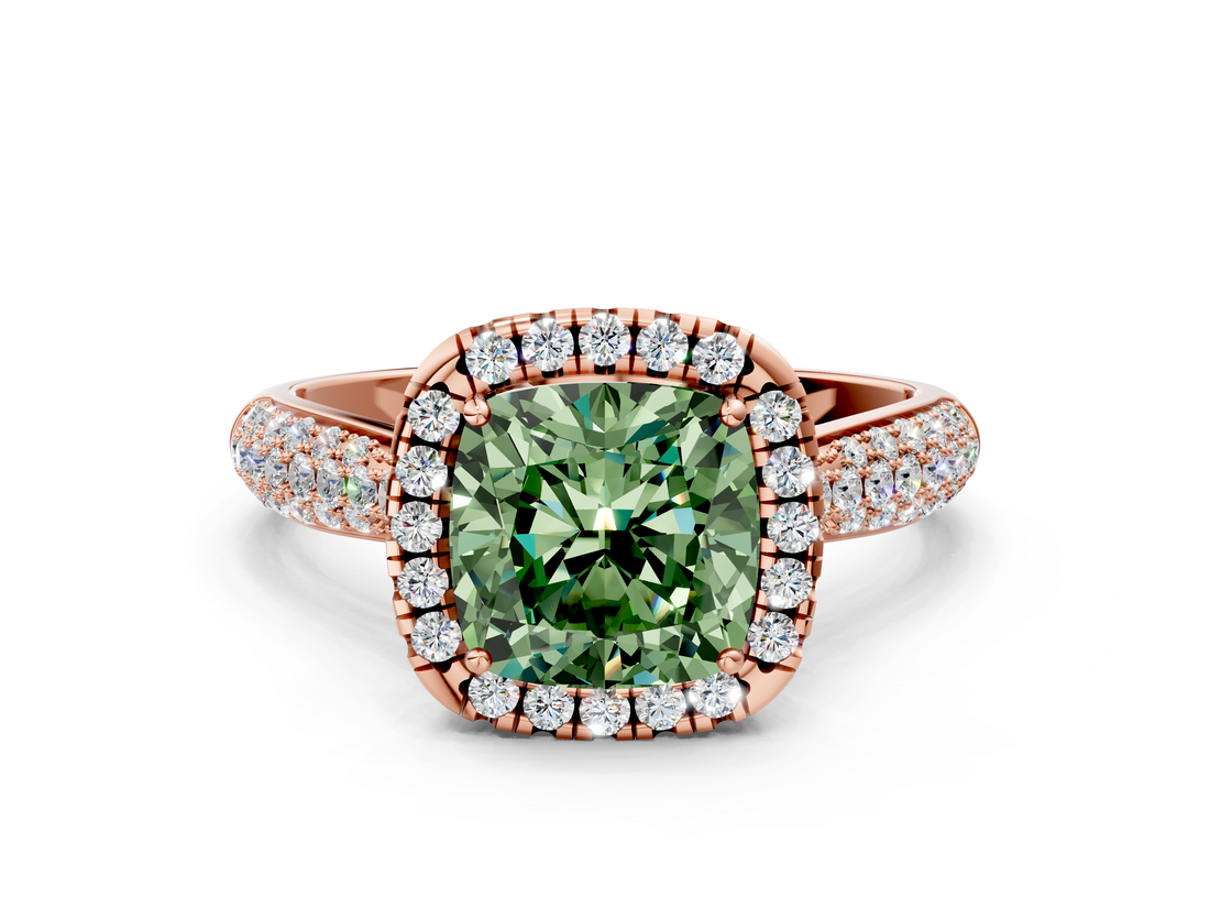 Rose gold Fancy Green Cushion  Cut Halo Pave Band Four-Prong Setting Ring_37