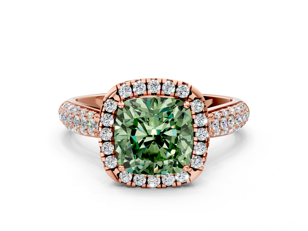 Rose gold Fancy Green Cushion  Cut Halo Pave Band Four-Prong Setting Ring