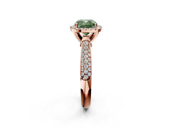 Rose gold Fancy Green Cushion  Cut Halo Pave Band Four-Prong Setting Ring