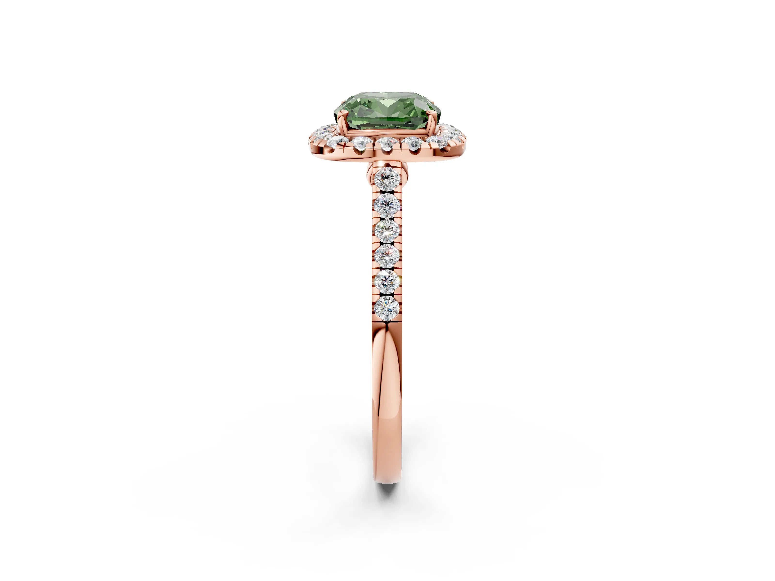 Rose gold Fancy Green Cushion Cut Halo Pave Diamond Engagement Ring with Four-Prong Setting_2