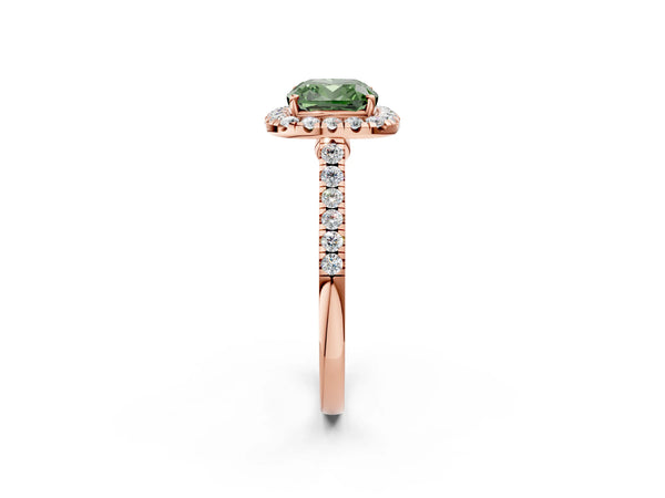 Rose gold Fancy Green Cushion Cut Halo Pave Diamond Engagement Ring with Four-Prong Setting