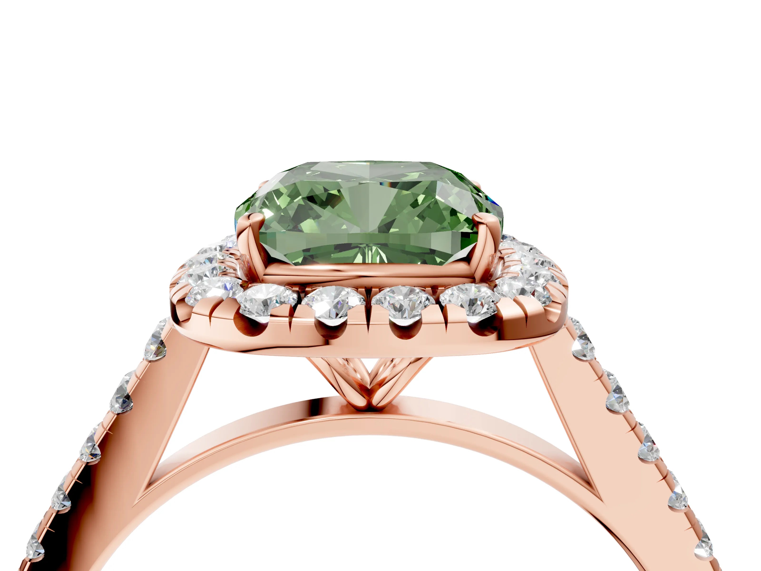 Rose gold Fancy Green Cushion Cut Halo Pave Diamond Engagement Ring with Four-Prong Setting_4