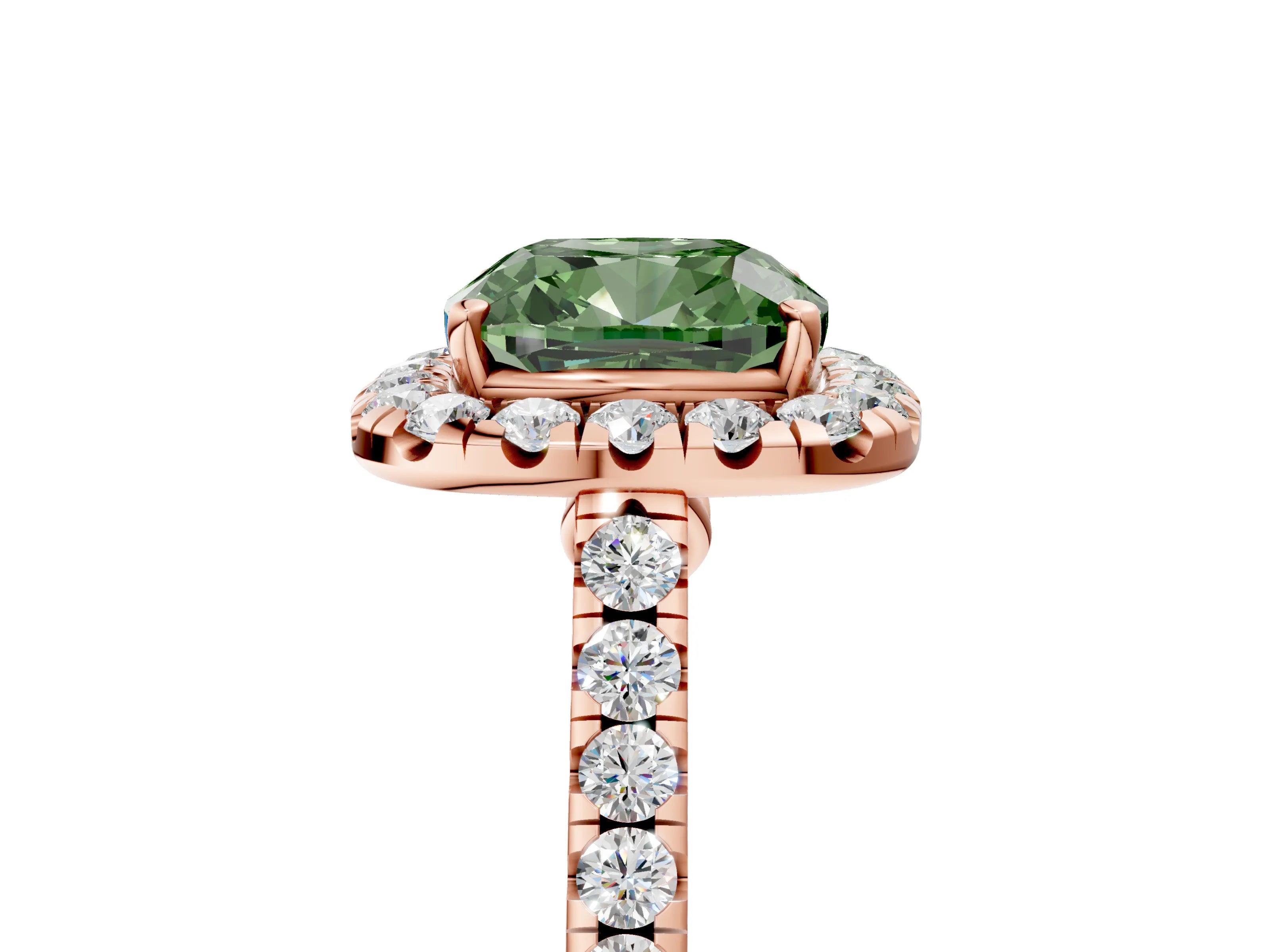 Rose gold Fancy Green Cushion Cut Halo Pave Diamond Engagement Ring with Four-Prong Setting_5