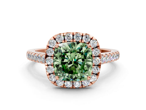 Rose gold Fancy Green Cushion Cut Halo Pave Diamond Engagement Ring with Four-Prong Setting