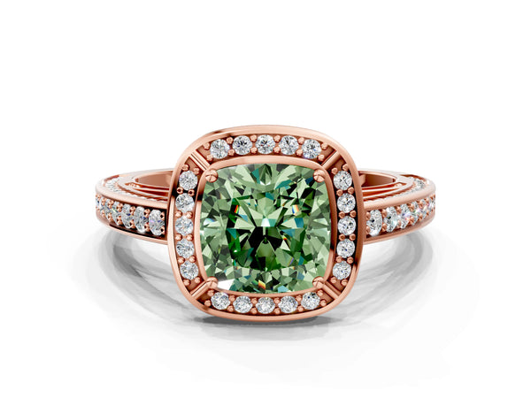 Rose gold Fancy Green Cushion  Cut Halo Pave Split Shank Prong Setting Ring